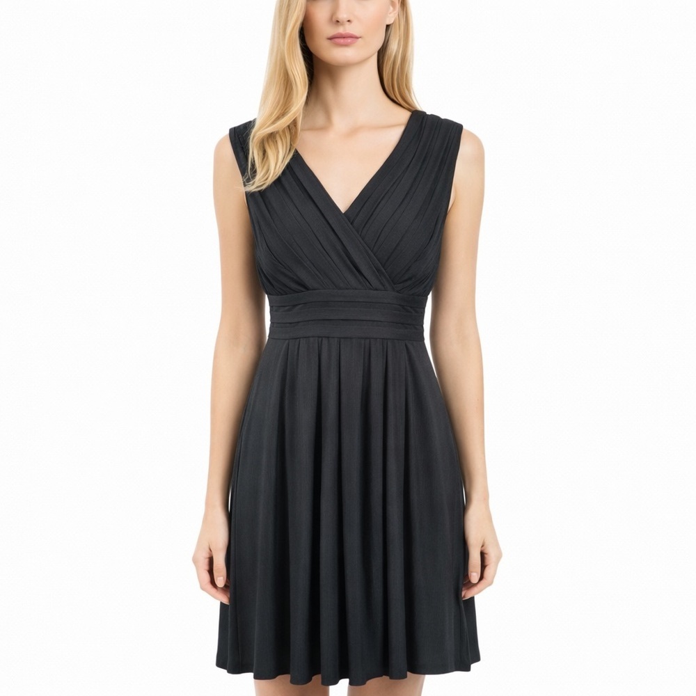 Joseph Ribkoff Classic Black Dress Pleated Empire Waist Knee Length LBD Size 12